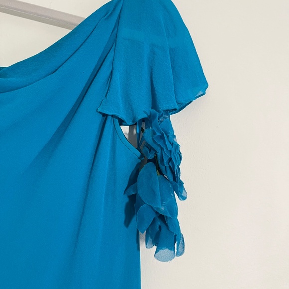 SPENSER JEREMY Gorgeous Teal Flutter Sleeve Cowl Neck 100% Silk Midi Dress Sz 6 - Picture 9 of 14